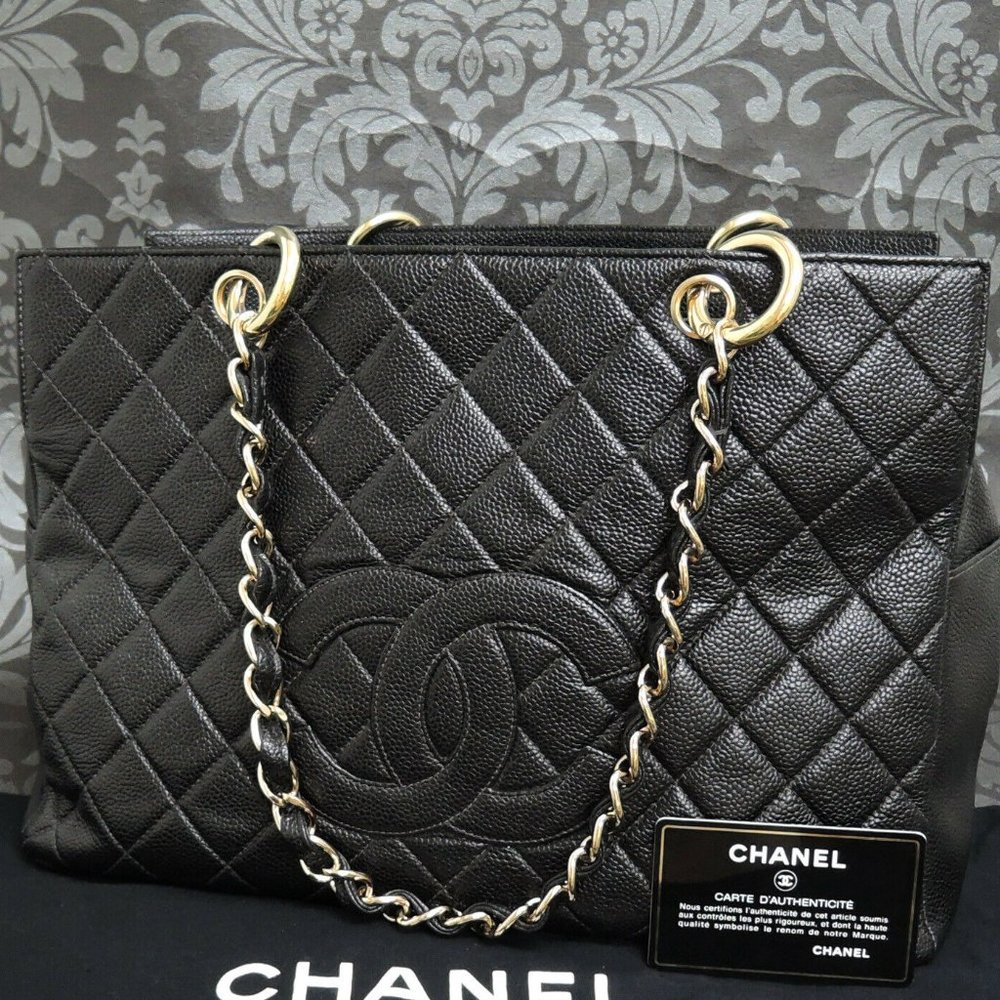 MINT! CHANEL BLACK CAVIAR SKIN TOTE BAG w/ CARD!